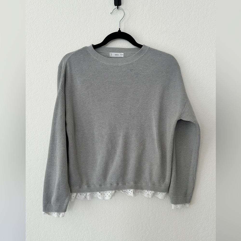 Mango MNG Girls Ribbed Knit Sweater w/ Lace Hem | Size 13-14Y / Gray Cropped